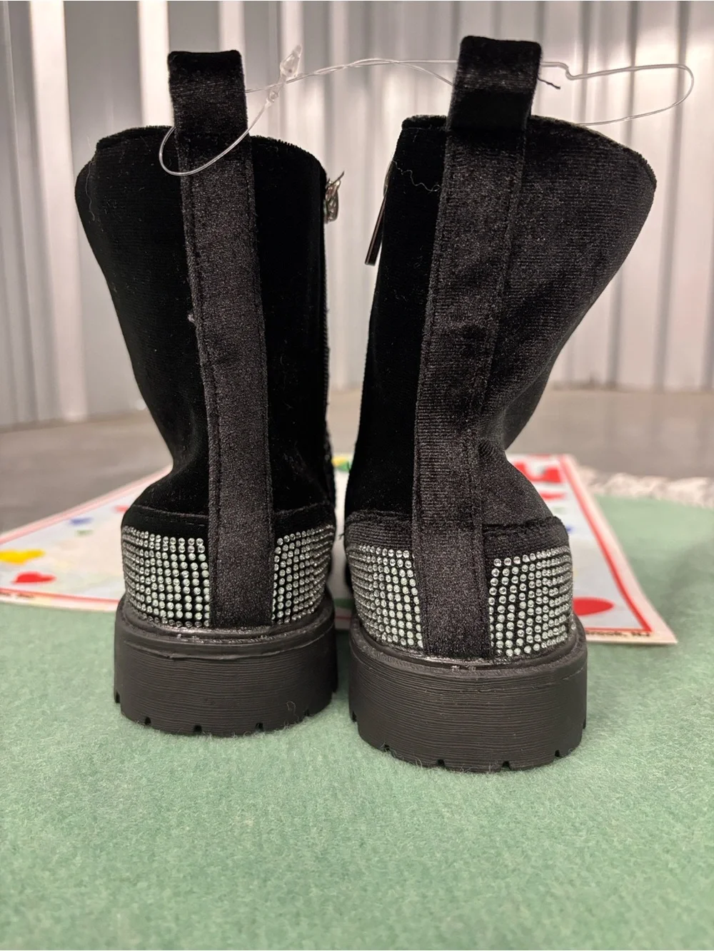 NWT Jessica Simpson Jes468 Black Velvet Combat Boots Stripe Laces Zip Side Bling